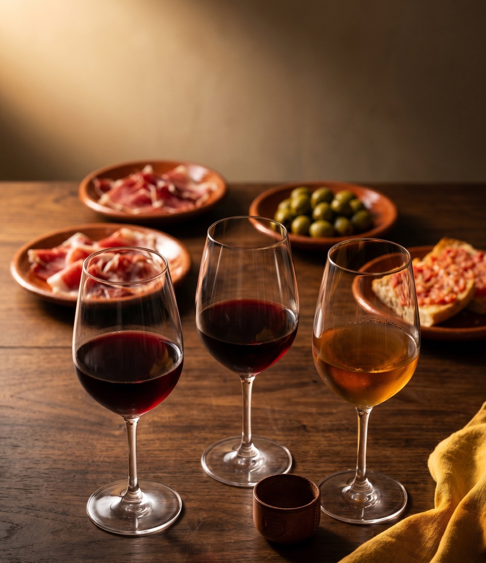 A Spanish wine flight at Chez Bacchus &mdash; Rioja, Ribera del Duero, and Manzanilla sherry with terracotta tapas plates
