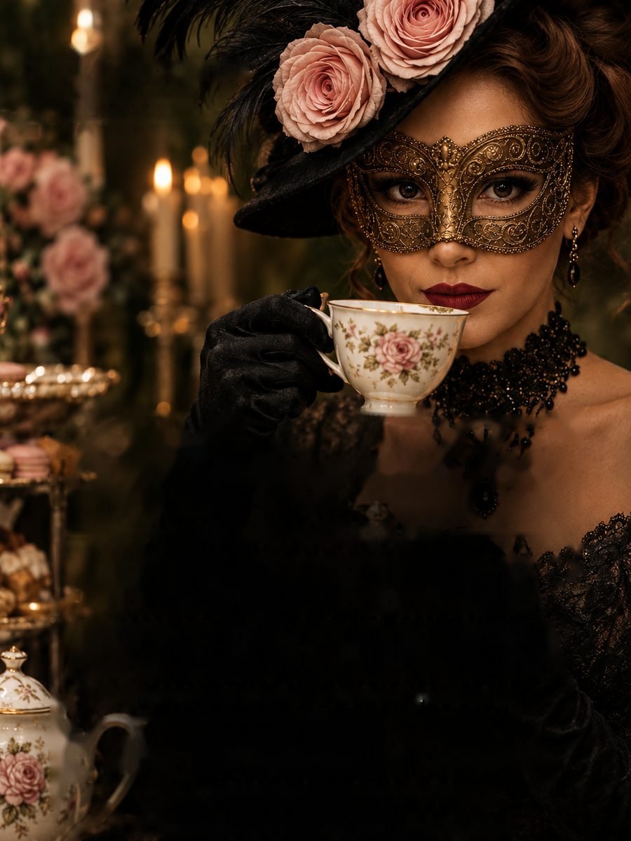 A woman in an ornate gold masquerade mask and rose-trimmed hat lifts a floral porcelain teacup beside candlelight and a tiered tea stand